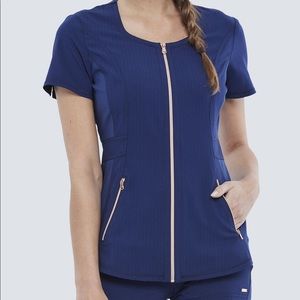 Scrub Top. Brand: Cherokee, Color: Navy Blue with gold zipper, Size: Medium
